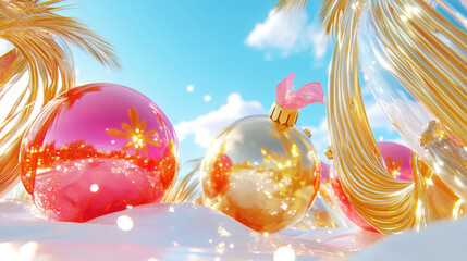 Festive Holiday Scene with Shiny Pink and Gold Ornaments, Christmas Tree and Palm Trees, Creating a Bright and Surreal Celebration Atmosphere