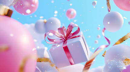 Festive Gift Box Floating Among Pink and White Balloons with Gold Accents, Surreal Celebration Scene Under a Bright Sky