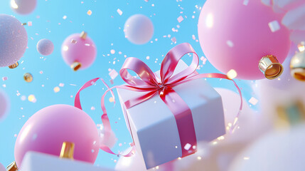 Festive Gift Box Floating Among Pink and White Balloons with Gold Accents, Surreal Celebration Scene Under a Bright Sky
