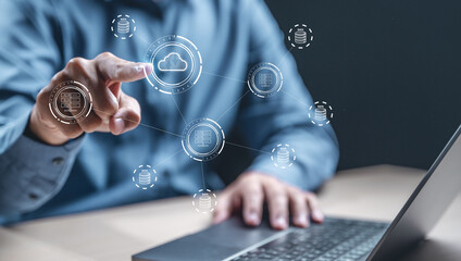 Cloud computing technology. Cloud database connect. Data server storage management. Data cloud concept. Network computer.