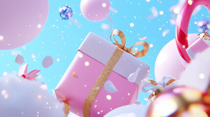 Festive Gift Box Floating Among Pink and White Balloons with Gold Accents, Surreal Celebration Scene Under a Bright Sky