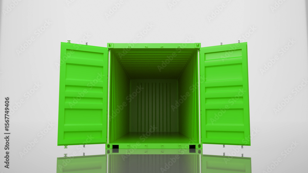 Poster bright green intermodal container with open doors, resting on a reflective white surface, representi