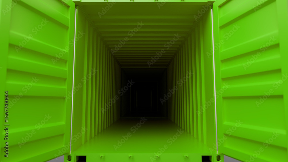 Poster open green shipping container revealing an empty interior, showcasing readiness for loading and tran