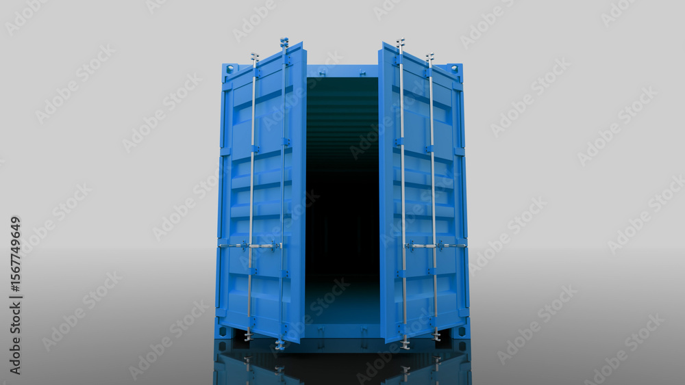 Poster open blue shipping container standing on gray background with slight reflection, representing global