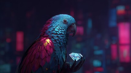 A cybernetic parrot with iridescent feathers stealing a glowing diamond, dark magenta cityscape background, cinematic lighting