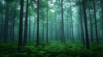Obraz premium Misty forest scene with tall trees creating a tranquil and atmospheric setting, the green vegetation adding depth and texture to the lush woodland environment.