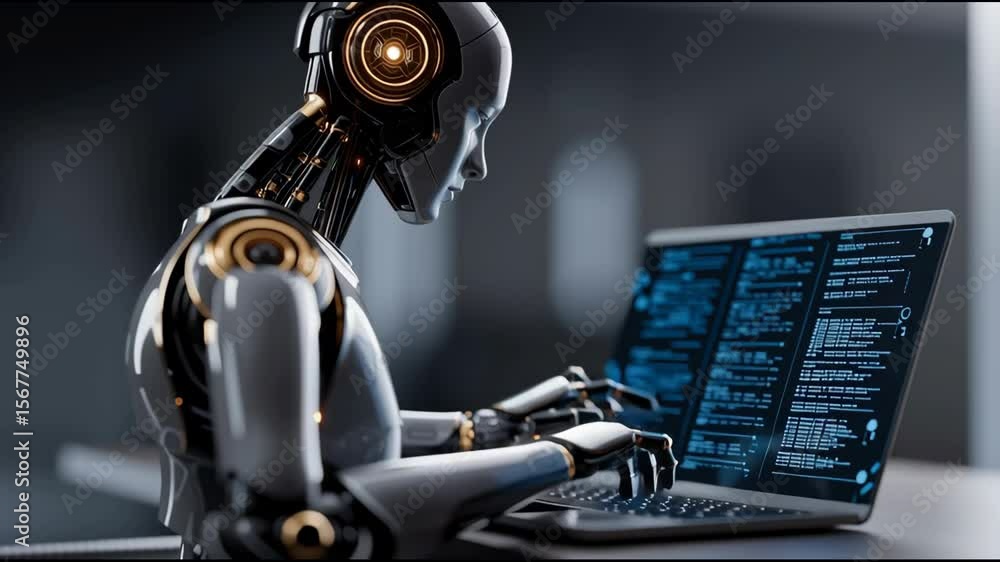 Poster robot hominoid use laptop and sit at table for big data analytic using ai thinking brain , artificia