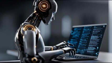 Robot hominoid use laptop and sit at table for big data analytic using AI thinking brain , artificial intelligence and machine learning process for the 4th fourth industrial revolution . - Powered by Adobe