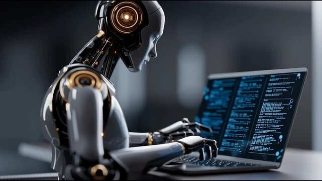 Robot hominoid use laptop and sit at table for big data analytic using AI thinking brain , artificial intelligence and machine learning process for the 4th fourth industrial revolution .