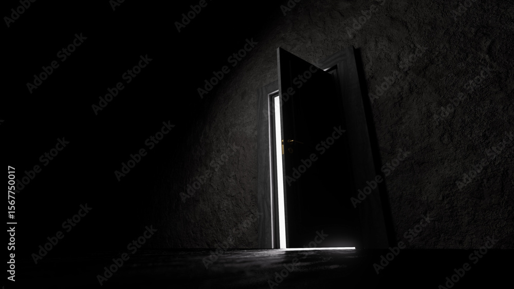 Poster bright light streaming through a partially open door into a dark room with a concrete wall, creating