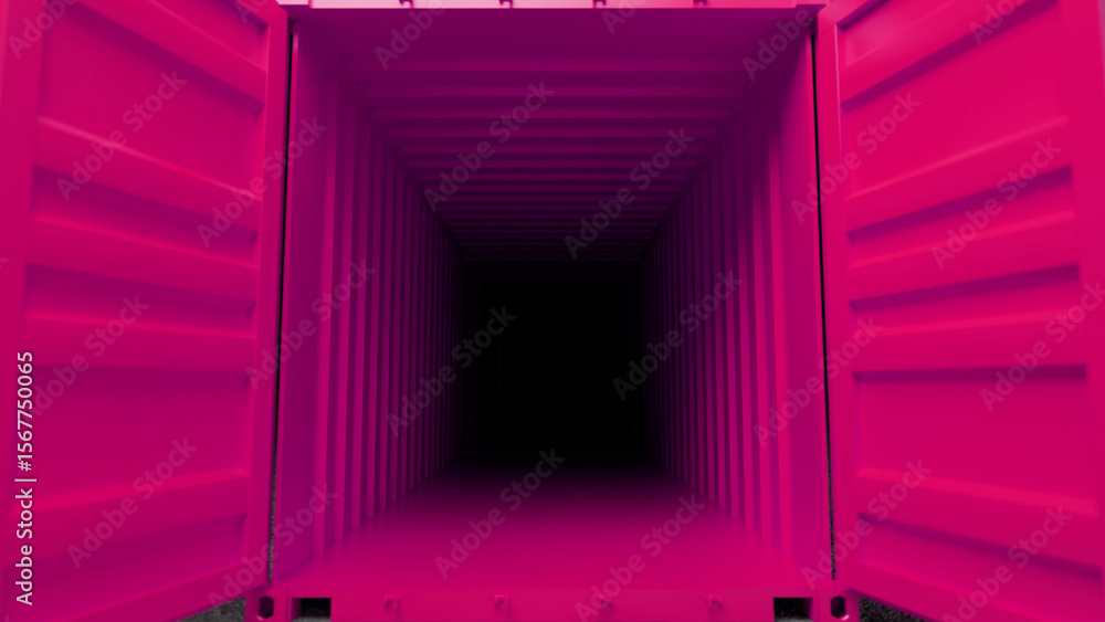 Poster open pink shipping container revealing an empty interior, creating a tunnel like perspective with co