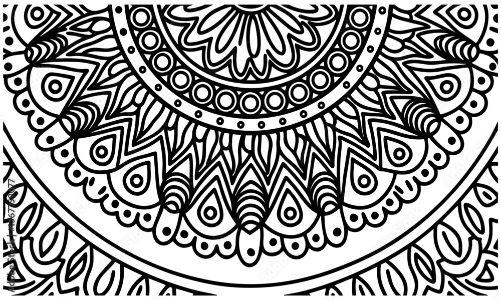 Poster detailed half mandala design with intricate patterns and circular elements in black and white lines.