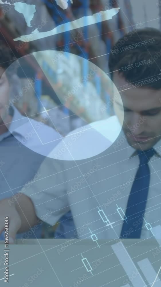 Aufkleber animation of statistics and financial data processing over men working in warehouse
