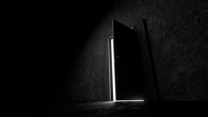 Bright light streaming through a partially open door into a dark room with a concrete wall, creating an atmosphere filled with mystery and hope for new beginnings and possibilities