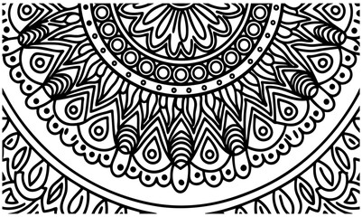 Detailed half mandala design with intricate patterns and circular elements in black and white lines.