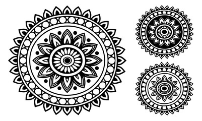 set of Three black and white floral mandala designs with intricate patterns and circular symmetry on white background.