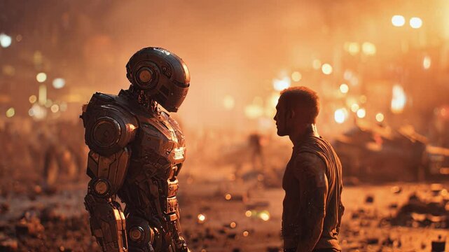 Man confronting combat robot in burning post-apocalyptic battlefield, dramatic sci-fi standoff.