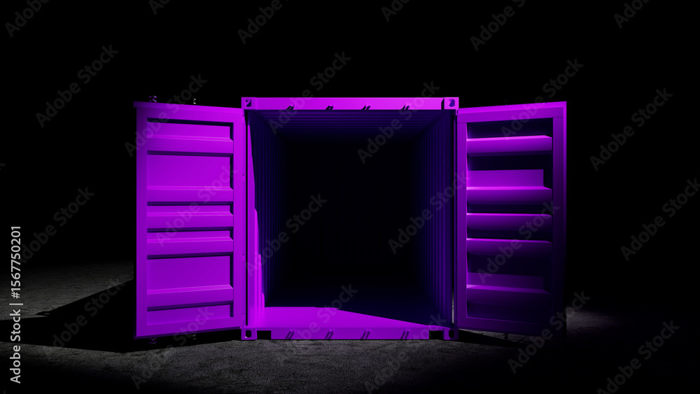 Poster intermodal container with open doors revealing a bright light emanating from within, creating a dram