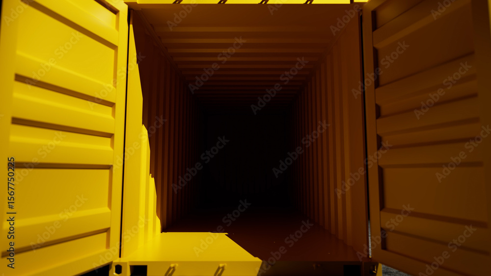 Poster sunlight illuminating the interior of an empty yellow shipping container with open doors, creating a