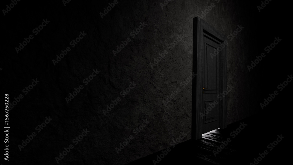 Poster light streaming through an open door illuminates a dark room with a rough wall, crafting a mysteriou