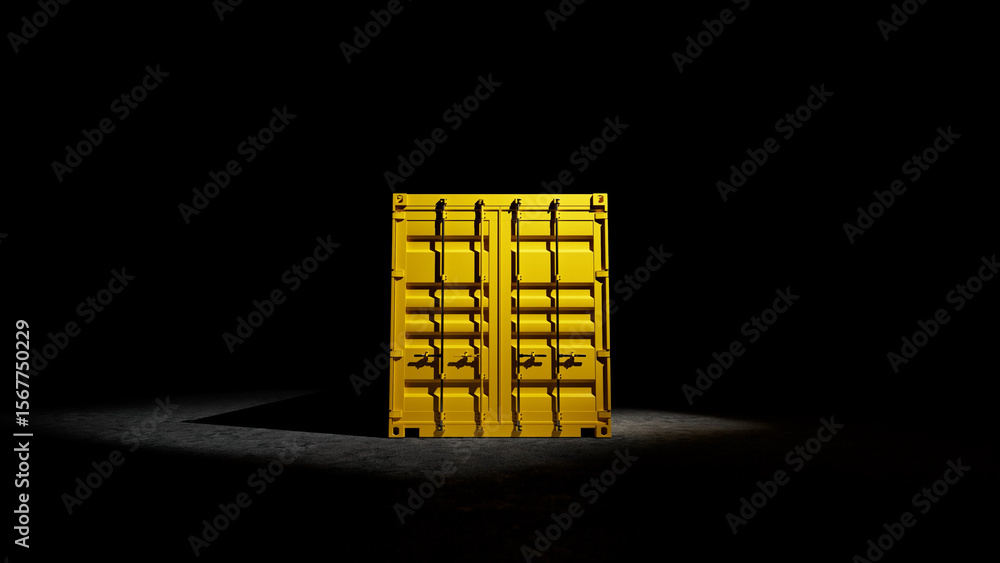 Poster yellow shipping container standing in the dark with dramatic spotlight highlighting its metal struct