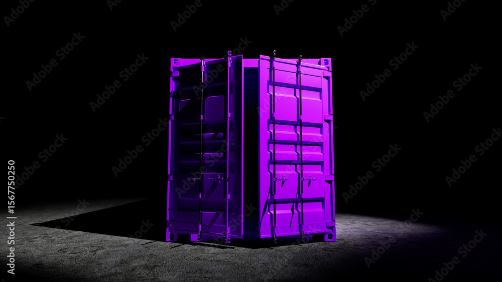 Poster purple intermodal container standing on a dark background with its doors open, creating a mysterious