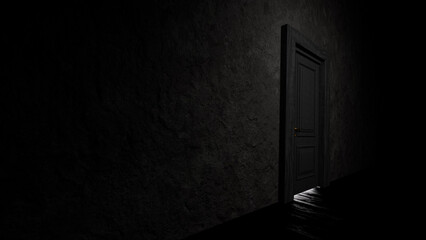 Light streaming through an open door illuminates a dark room with a rough wall, crafting a mysterious and suspenseful atmosphere filled with intrigue and possibility