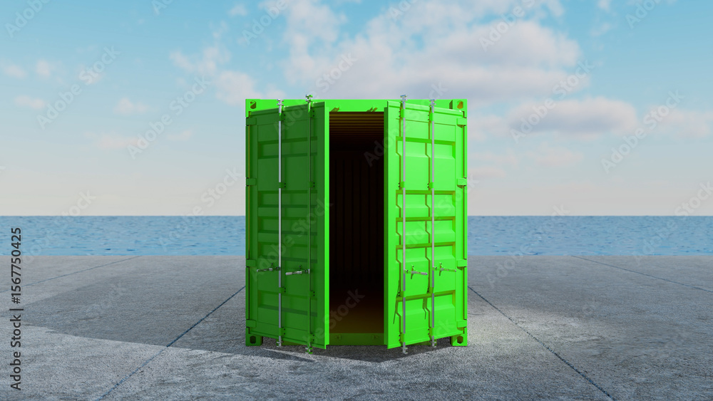 Poster bright green intermodal container standing open on a concrete dock by the sea, representing global t