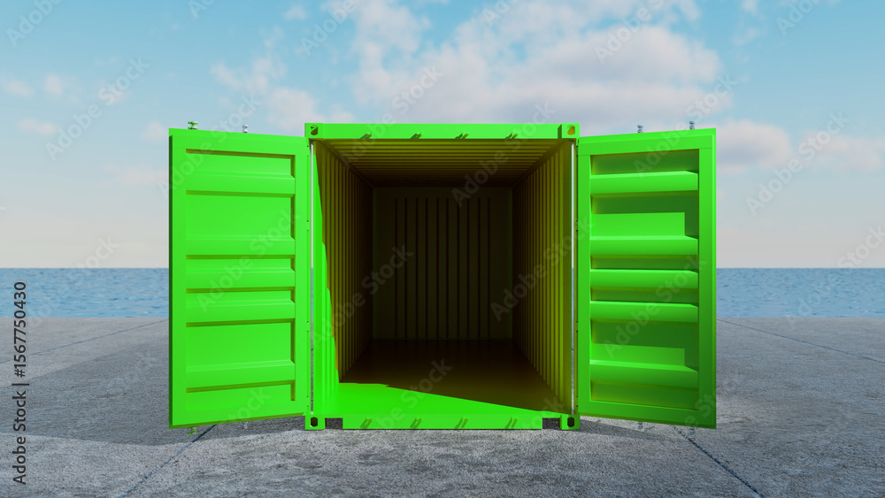 Poster bright green shipping container standing open at the dock with the ocean and cloudy sky in the backg
