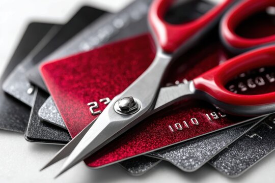 Cutting through debt with scissors on credit cards in a personal finance strategy
