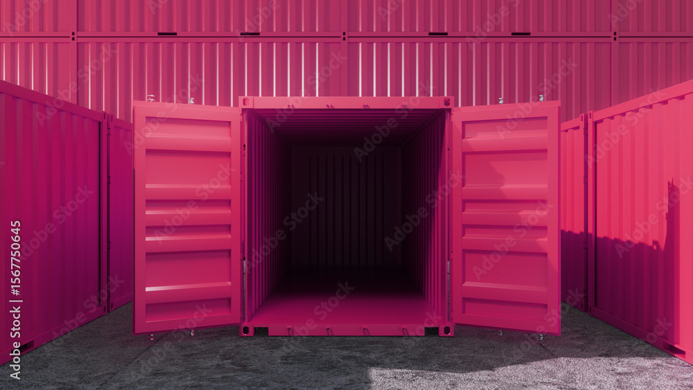 Poster open pink shipping container stands in a storage yard, revealing its empty interior, with rows of ot