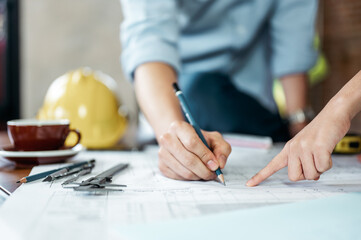 Architect engineer office concept. Architecture engineering plan. Construction plans.