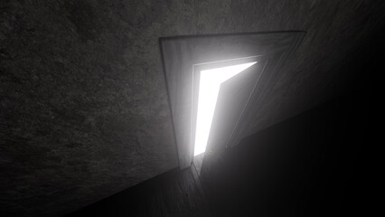 Mysterious door opening in a dark room, revealing a bright white light and creating a powerful sense of hope, opportunity, and escape from the shadows of uncertainty