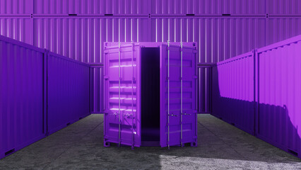 Open purple shipping container stands in a storage yard, surrounded by closed purple containers, creating a striking visual contrast and suggesting mystery or opportunity