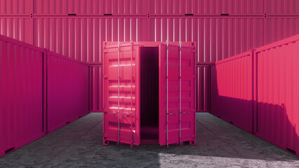 Open pink shipping container stands in a storage yard, surrounded by closed containers of the same color, creating a striking visual contrast