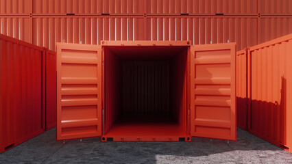 Open red cargo container stands on concrete surface, revealing empty interior, with stacked containers forming backdrop, emphasizing global trade and logistics