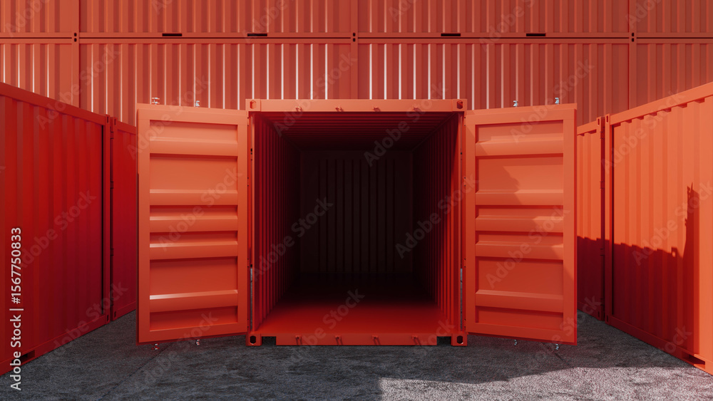 Poster open red shipping container sitting in a storage yard, surrounded by a variety of other containers, 