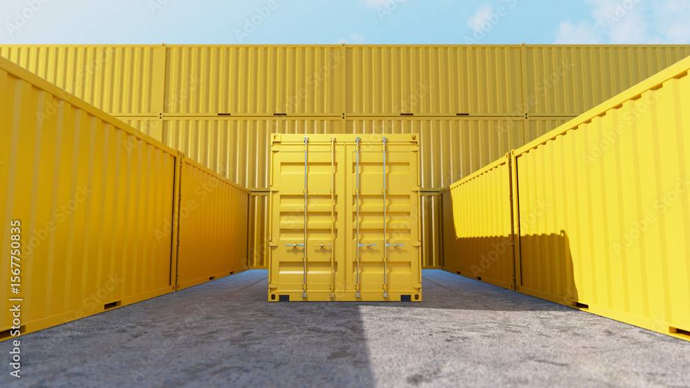 Poster bright yellow shipping containers are neatly stacked and arranged in a storage yard, creating a vibr
