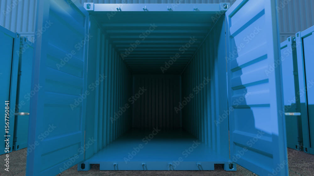 Poster open empty blue shipping container standing in a storage yard with other containers, ready to be loa
