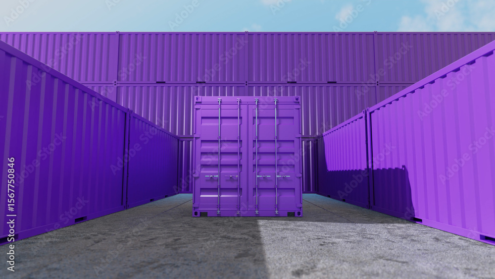 Poster purple shipping containers create a striking visual in a storage facility, arranged neatly in rows o
