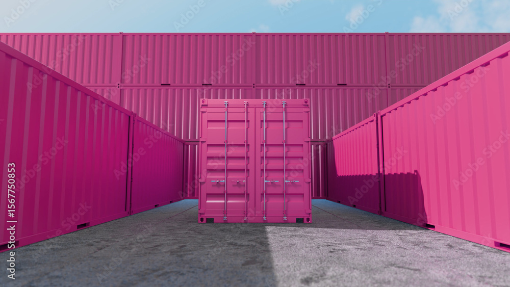 Poster rows of stacked bright pink shipping containers create a colorful and organized backdrop for a singl