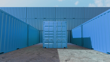 Light blue cargo container resting in an empty shipping yard, surrounded by stacks of containers awaiting loading and transport, highlighting the logistics of global trade