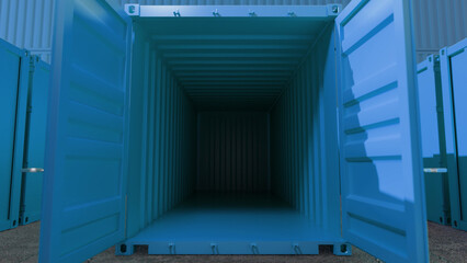 Open empty blue shipping container standing in a storage yard with other containers, ready to be loaded with goods for international transport