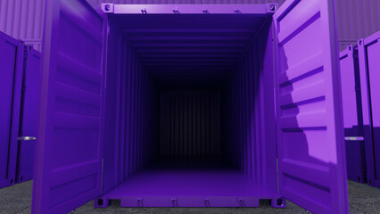 Open purple shipping container positioned in a storage yard, surrounded by other containers, symbolizing global trade, logistics, and the transportation of goods across borders