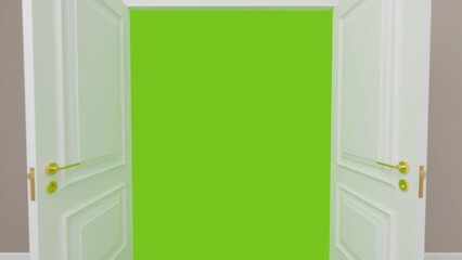Classic white double doors with elegant golden handles opening to reveal a vibrant green screen background, ideal for keying and compositing in various creative projects