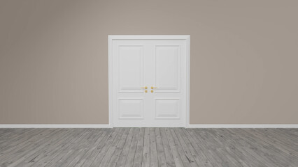 Classic white double door with golden handles stands in a minimalist room with light brown walls and gray wooden floor, creating a simple yet elegant interior design