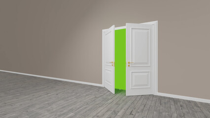 Classic white double door slightly open revealing a vibrant green screen background. Perfect for keying and compositing in post production. Set within an empty room with gray wooden floors and walls