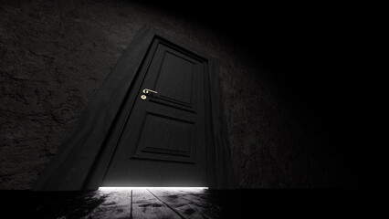 Slightly open black door allowing a mysterious, bright light to spill into a dark room featuring stone walls and a wooden floor, hinting at secrets and new possibilities
