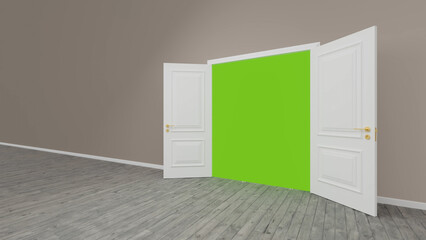 Classic white double door revealing a vibrant green screen backdrop, perfect for customization and visual effects, set within an empty room with a gray wall and wooden floor