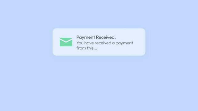 Payment Received email or message notification on the plane background, 4k animation. Payment, money, business, online, transaction, alert, seamless